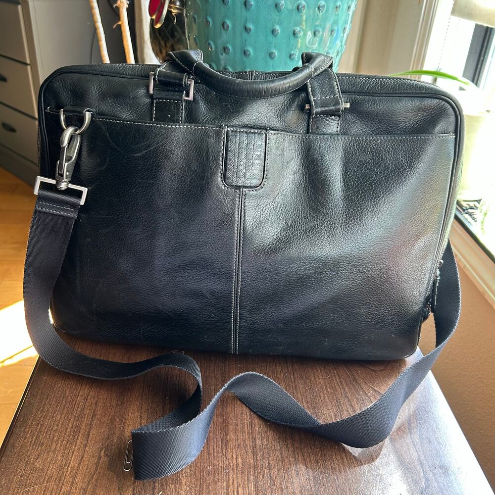 Boconi Tyler Tumbled Zipster Black Leather Messenger Bag Briefcase